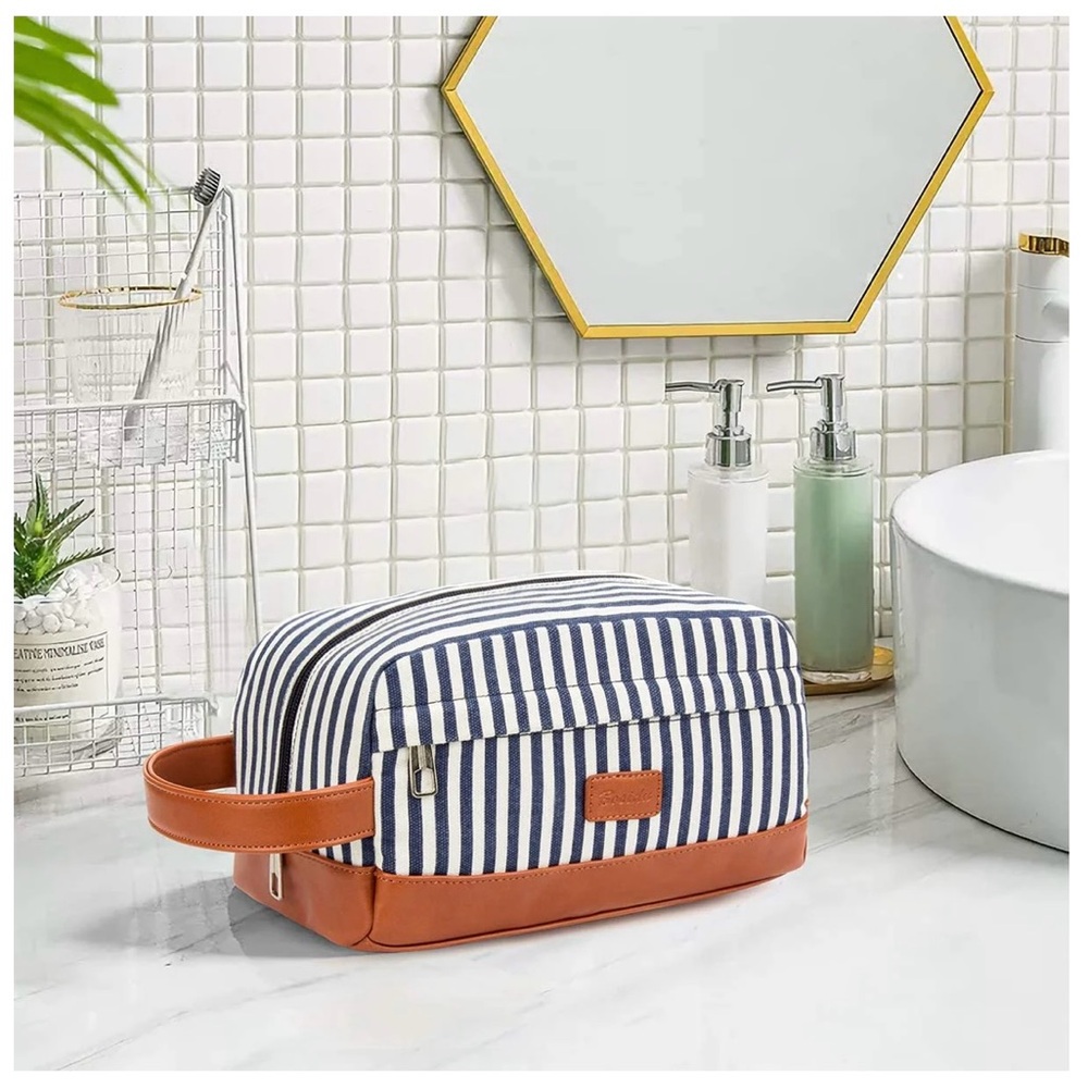 Blue and Brown Cosmetic Bag with Striped Design